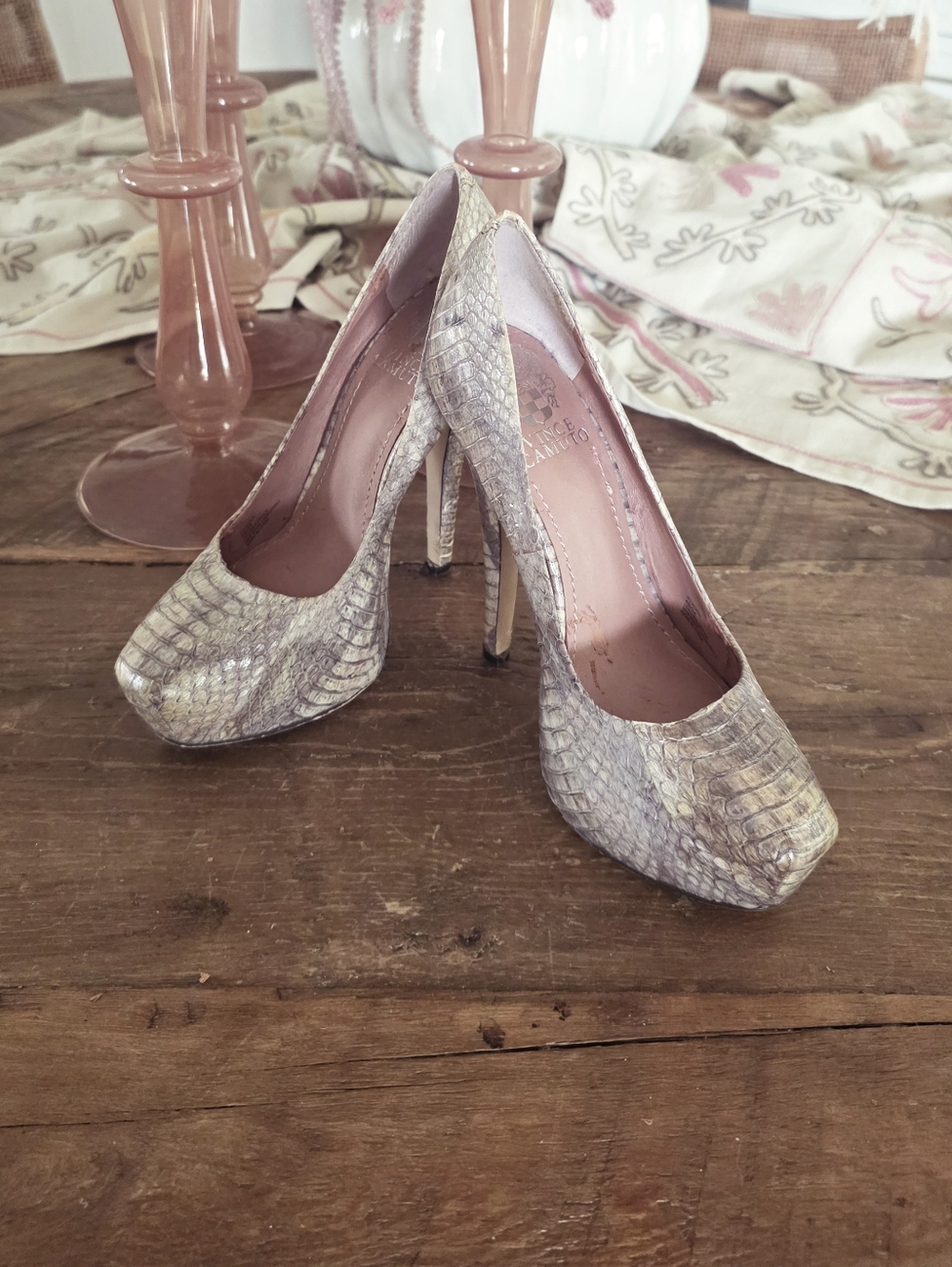 Vince Camuto Neutral Taupe Snakeskin Platform High Heels